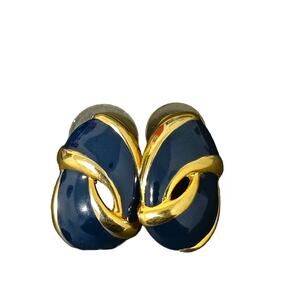 Vintage Navy Blue Gold Tone Oblong Twist Pierced Earrings Formal Cocktail Party